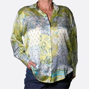 Zara Patchwork Paisley Satin Button Down Shirt Chartreuse Plus 1X XL Retro 70s